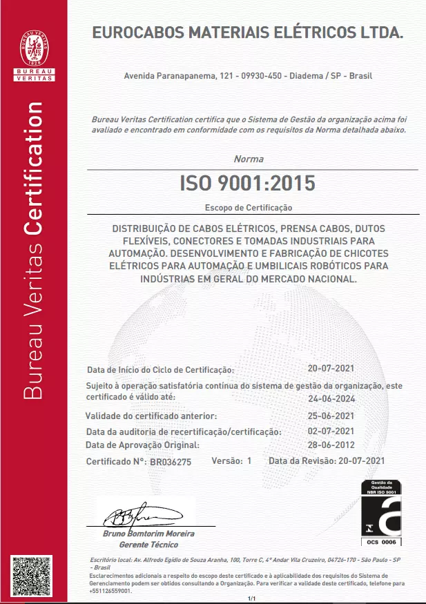 Certificado ISO 9001 Eurocabos - Cabos e chicotes